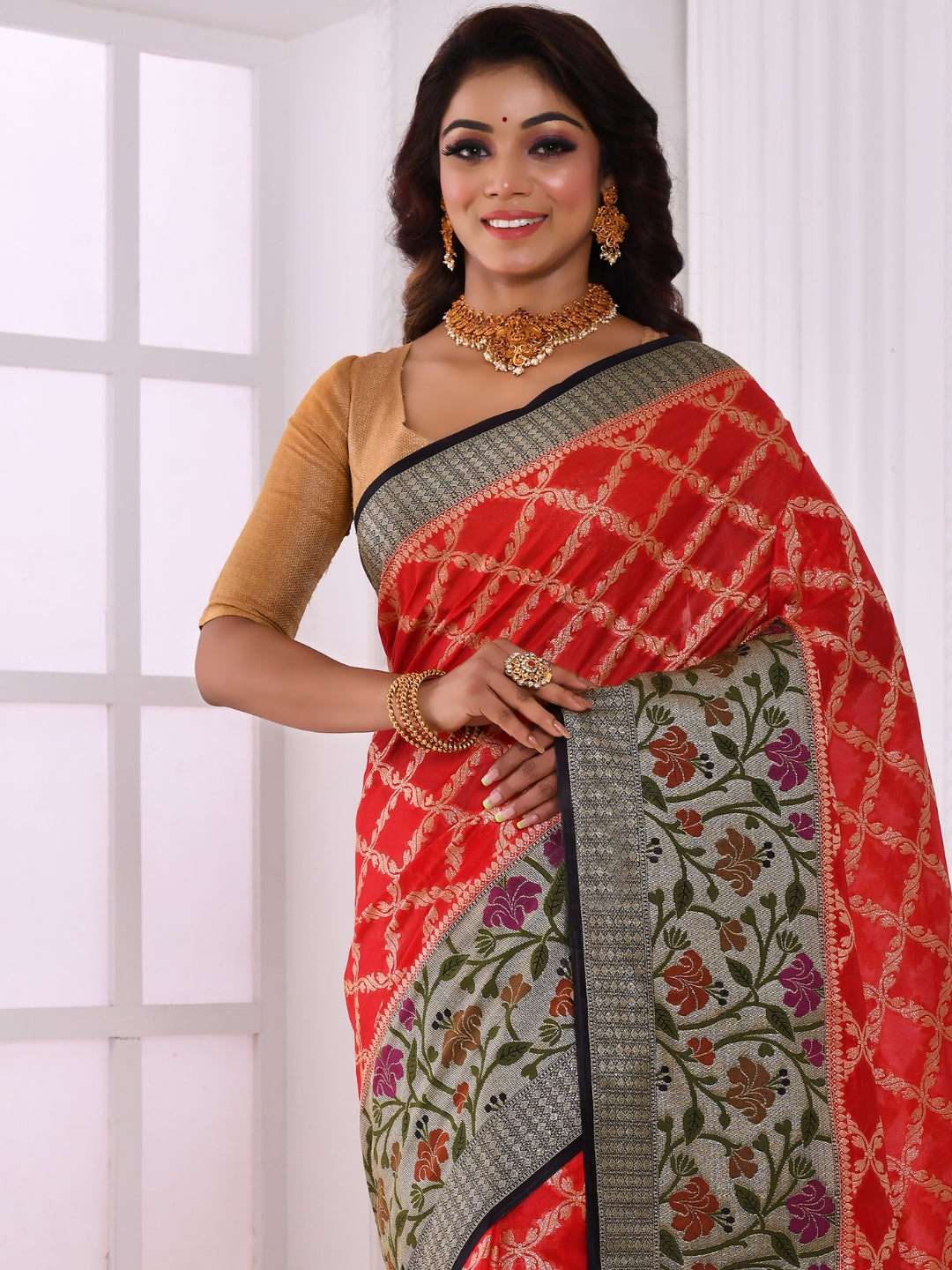 Red Zari Woven Embellished Banarasi Silk Saree