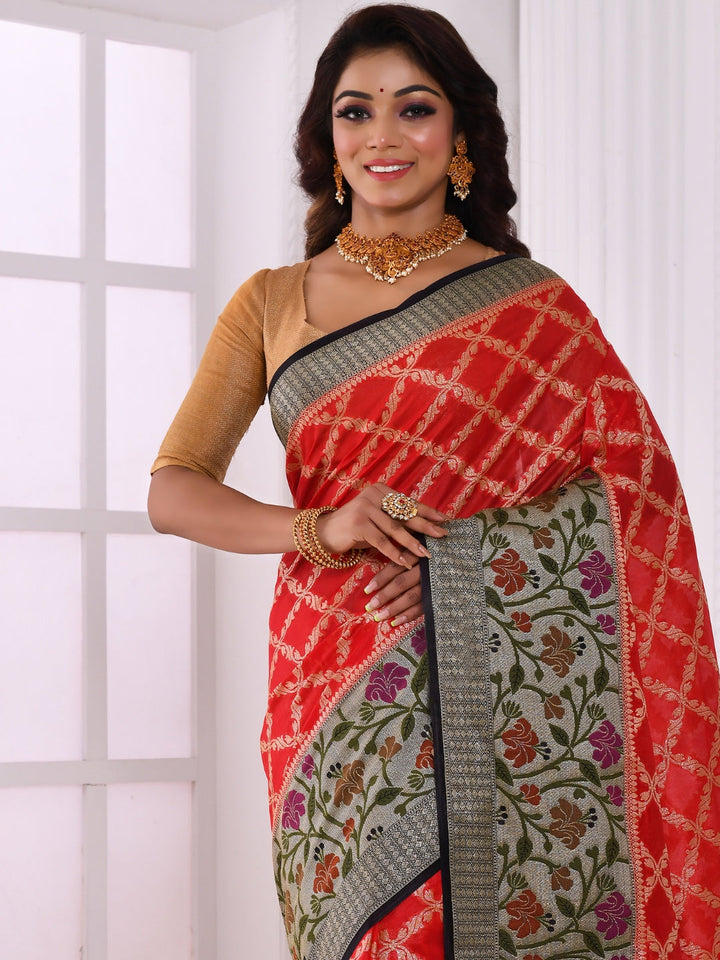Red Zari Woven Embellished Banarasi Silk Saree