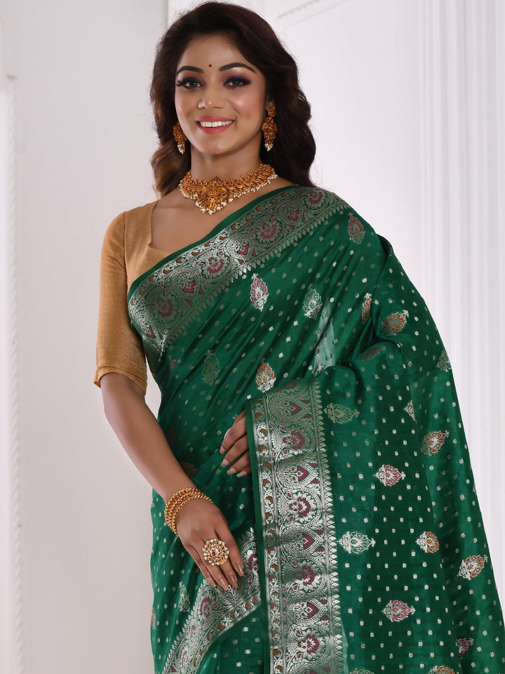 Green Zari Woven Embellished Brocade Banarasi Silk Saree