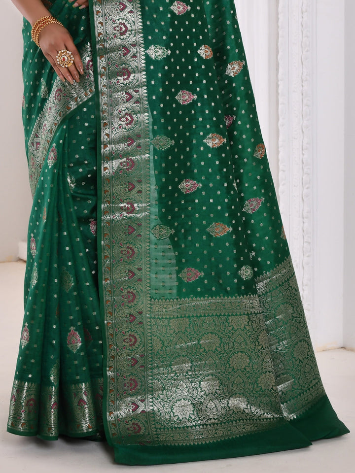 Green Zari Woven Embellished Brocade Banarasi Silk Saree