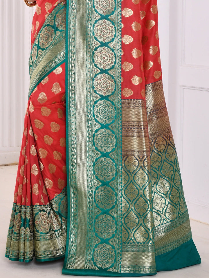 Coral Banarasi Silk Saree With Contrast Border & Pallu