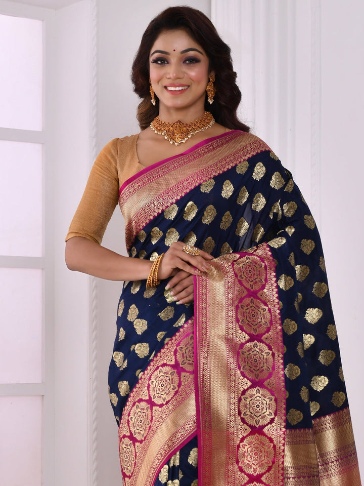 Navy Blue Banarasi Silk Saree With Contrast Border & Pallu