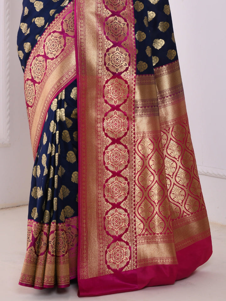 Navy Blue Banarasi Silk Saree With Contrast Border & Pallu