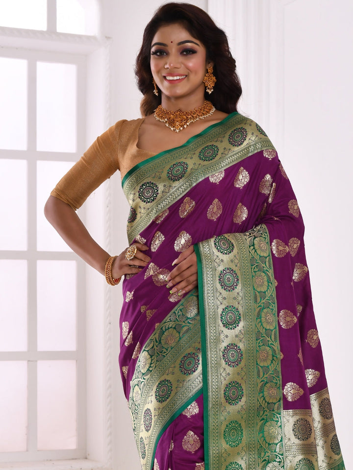 Purple Banarasi Silk Saree With Bold Contrast Green Border & Pallu