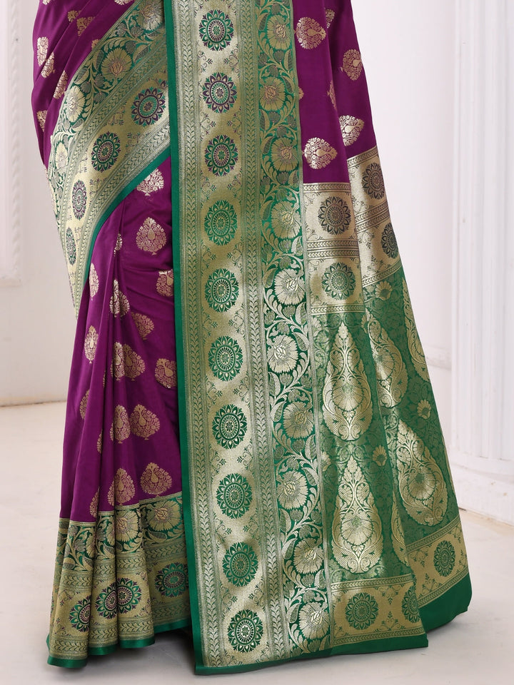 Purple Banarasi Silk Saree With Bold Contrast Green Border & Pallu
