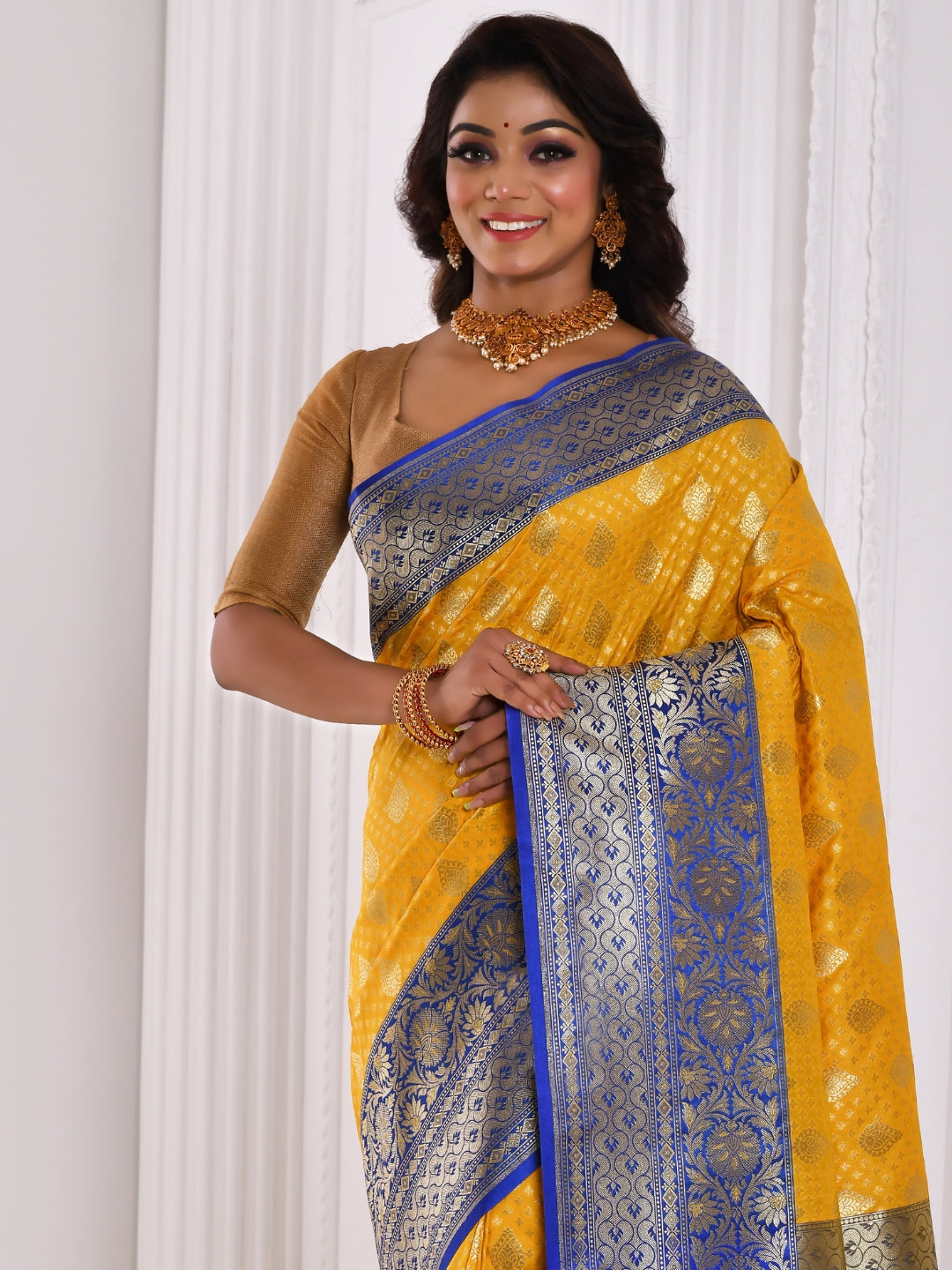 Yellow Banarasi Silk Saree With Bold Contrast Blue Border & Pallu