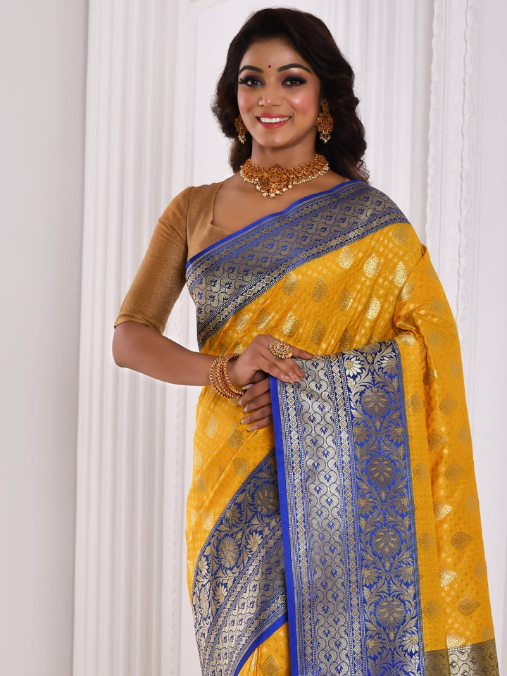 Yellow Banarasi Silk Saree With Bold Contrast Blue Border & Pallu