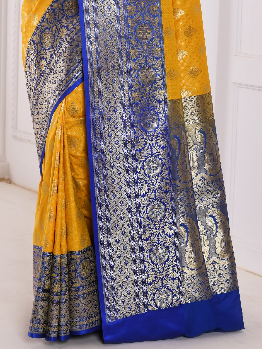 Yellow Banarasi Silk Saree With Bold Contrast Blue Border & Pallu