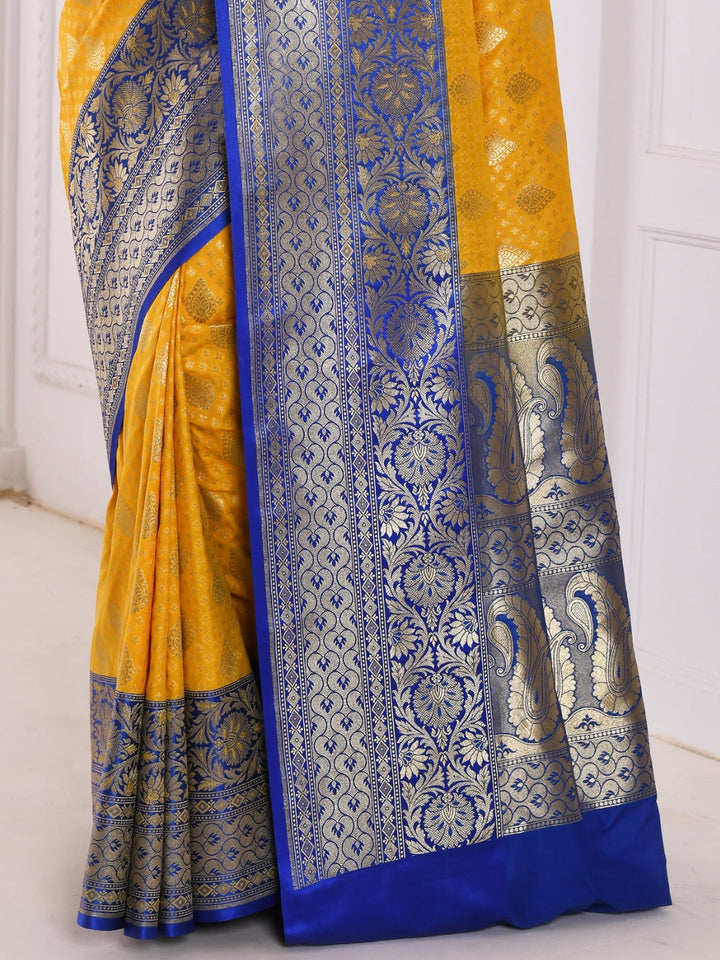 Yellow Banarasi Silk Saree With Bold Contrast Blue Border & Pallu