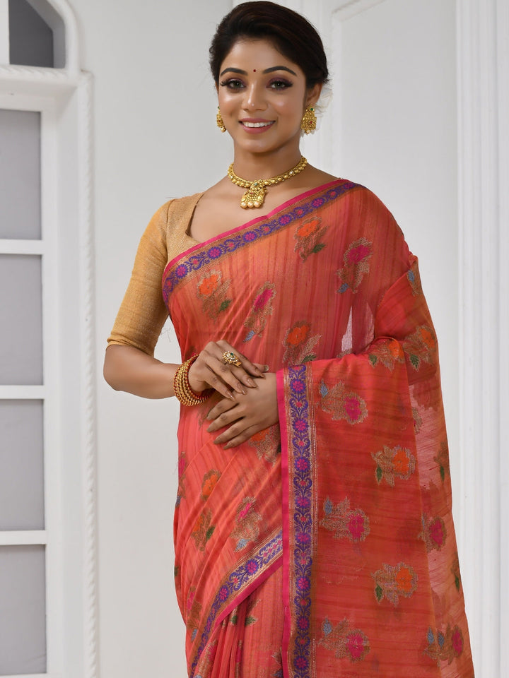 Red Chanderi Silk Floral Woven Banarasi Saree With Contrast Pallu