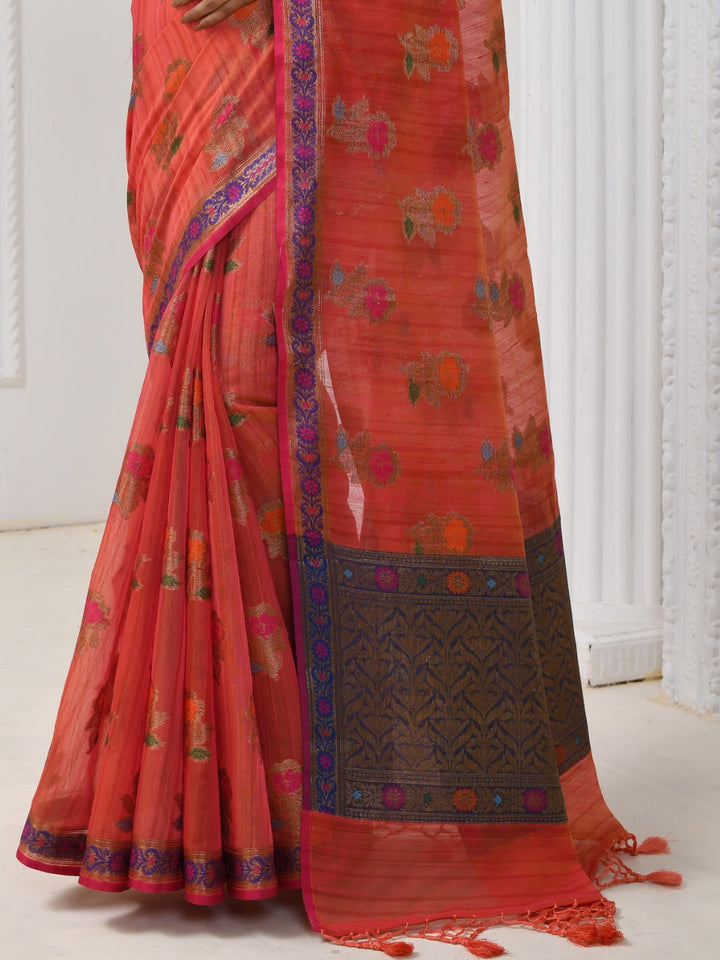 Red Chanderi Silk Floral Woven Banarasi Saree With Contrast Pallu