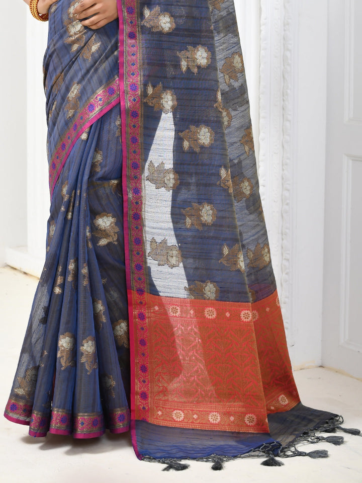 Blue Chanderi Silk Floral Woven Banarasi Saree With Contrast Pallu