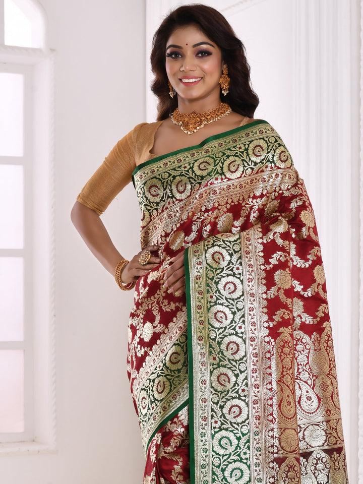 Maroon Heavy Bridal Floral Banarasi Brocade Saree