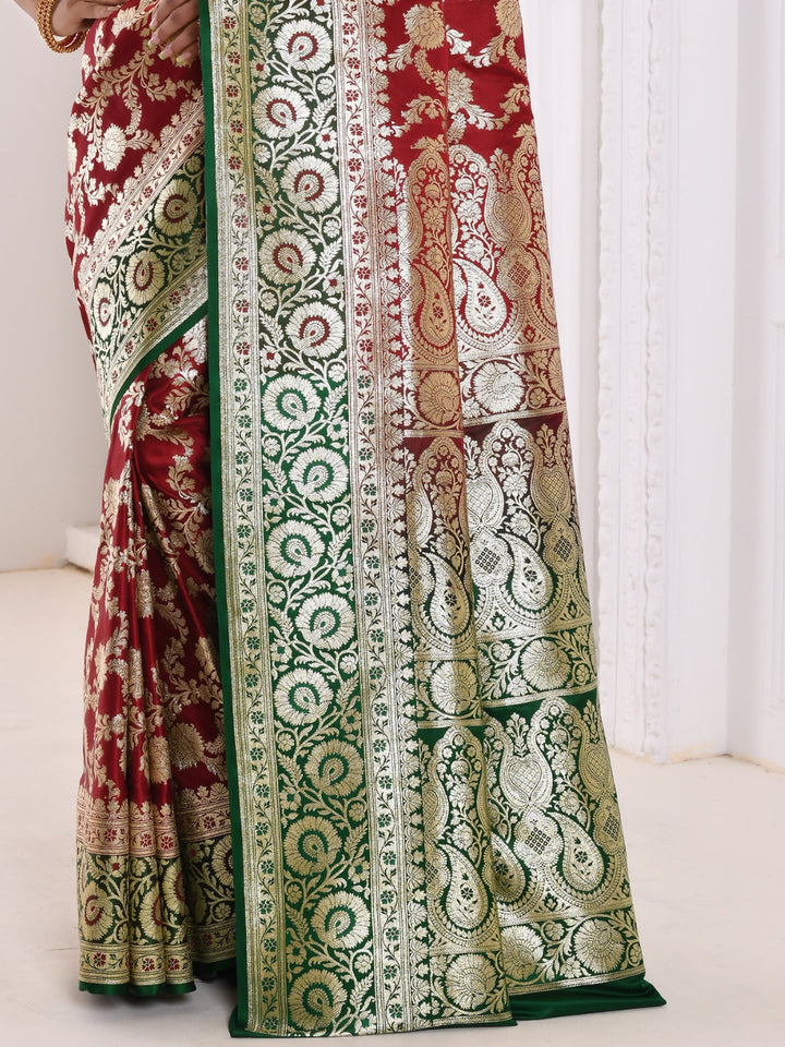 Maroon Heavy Bridal Floral Banarasi Brocade Saree
