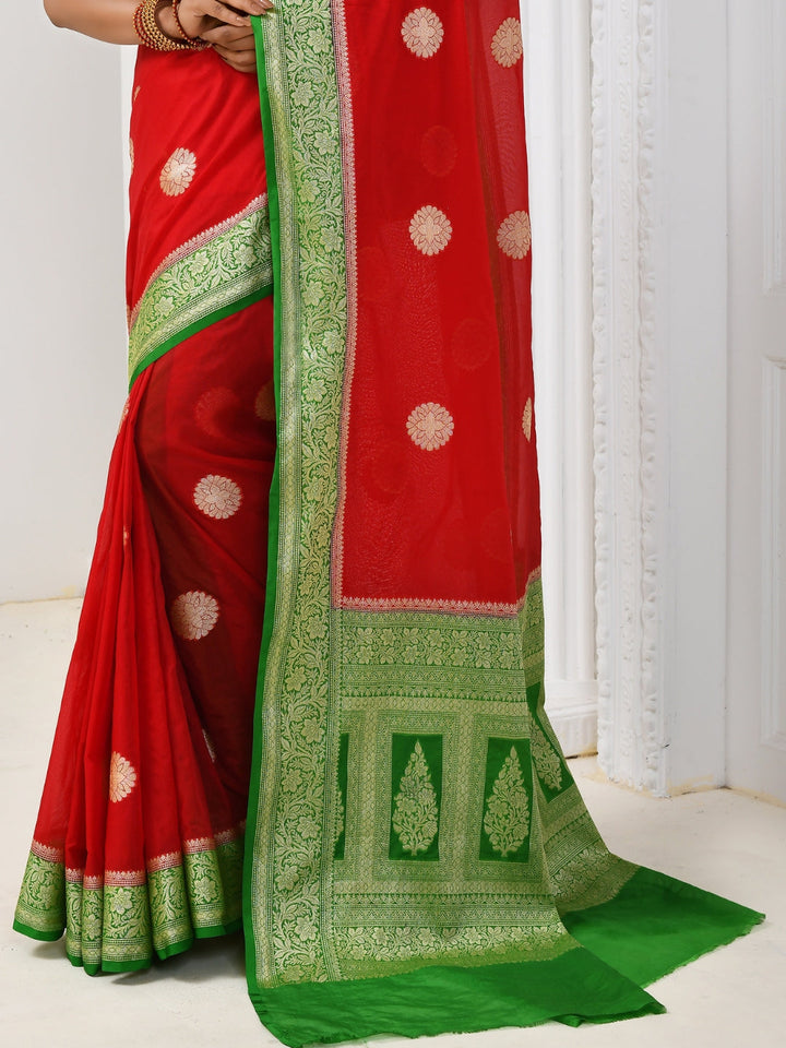 Red Silk Solid Banarasi Saree Embellished With Contrast Green Border