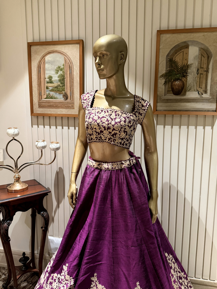 Raw Silk Zari & Thread Embroidered Lehenga Choli with Dupatta in Deep Purple