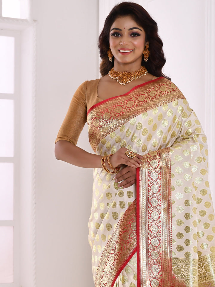 Red Floral Silver & Zari Banarasi Silk Woven Saree
