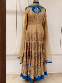 Beige Printed Zari & Stone Embellished Kalidar Flared Gown Dress With Dupatta