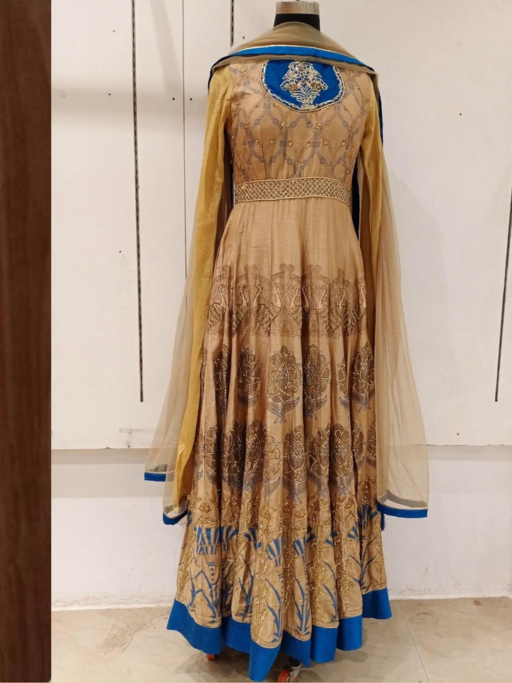 Beige Printed Zari & Stone Embellished Kalidar Flared Gown Dress With Dupatta