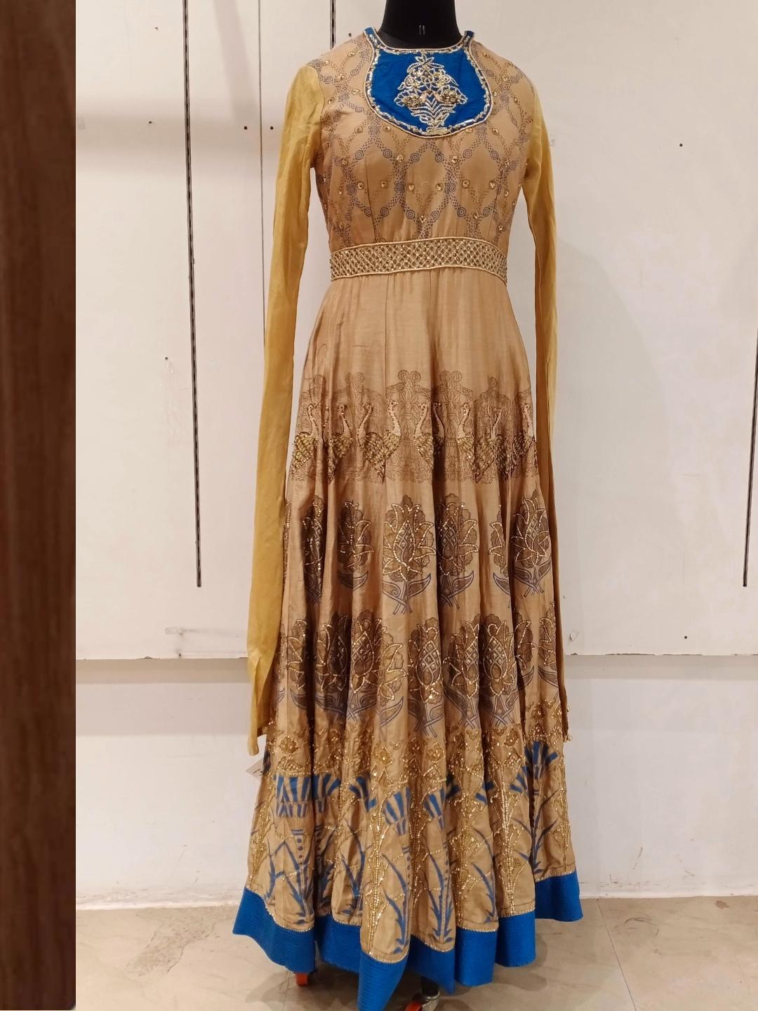 Beige Printed Zari & Stone Embellished Kalidar Flared Gown Dress With Dupatta