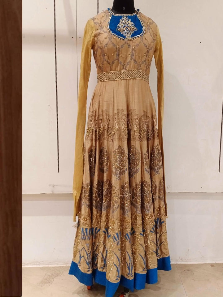 Beige Printed Zari & Stone Embellished Kalidar Flared Gown Dress With Dupatta