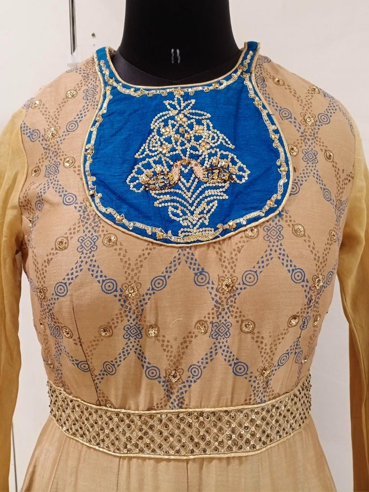 Beige Printed Zari & Stone Embellished Kalidar Flared Gown Dress With Dupatta