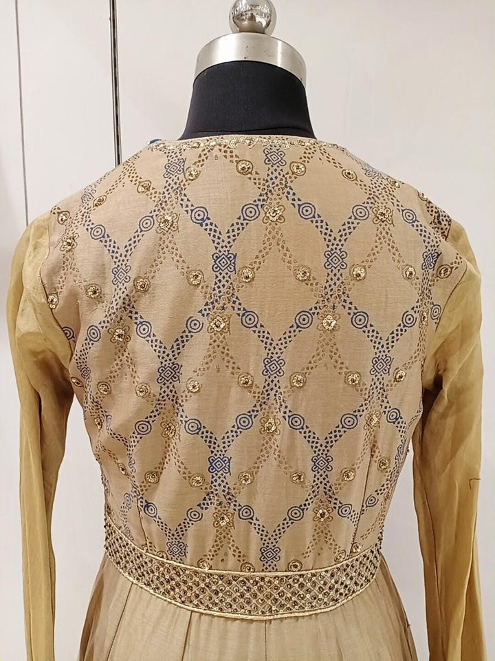 Beige Printed Zari & Stone Embellished Kalidar Flared Gown Dress With Dupatta