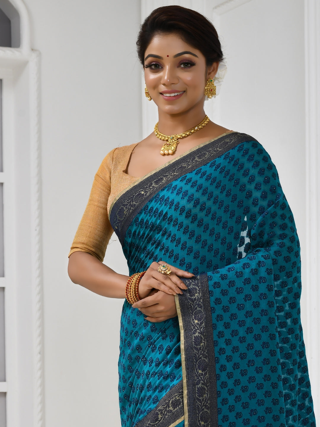 Blue Floral Chanderi Silk Bright Traditional Saree