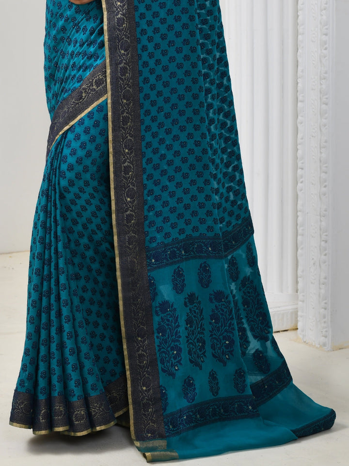 Blue Floral Chanderi Silk Bright Traditional Saree