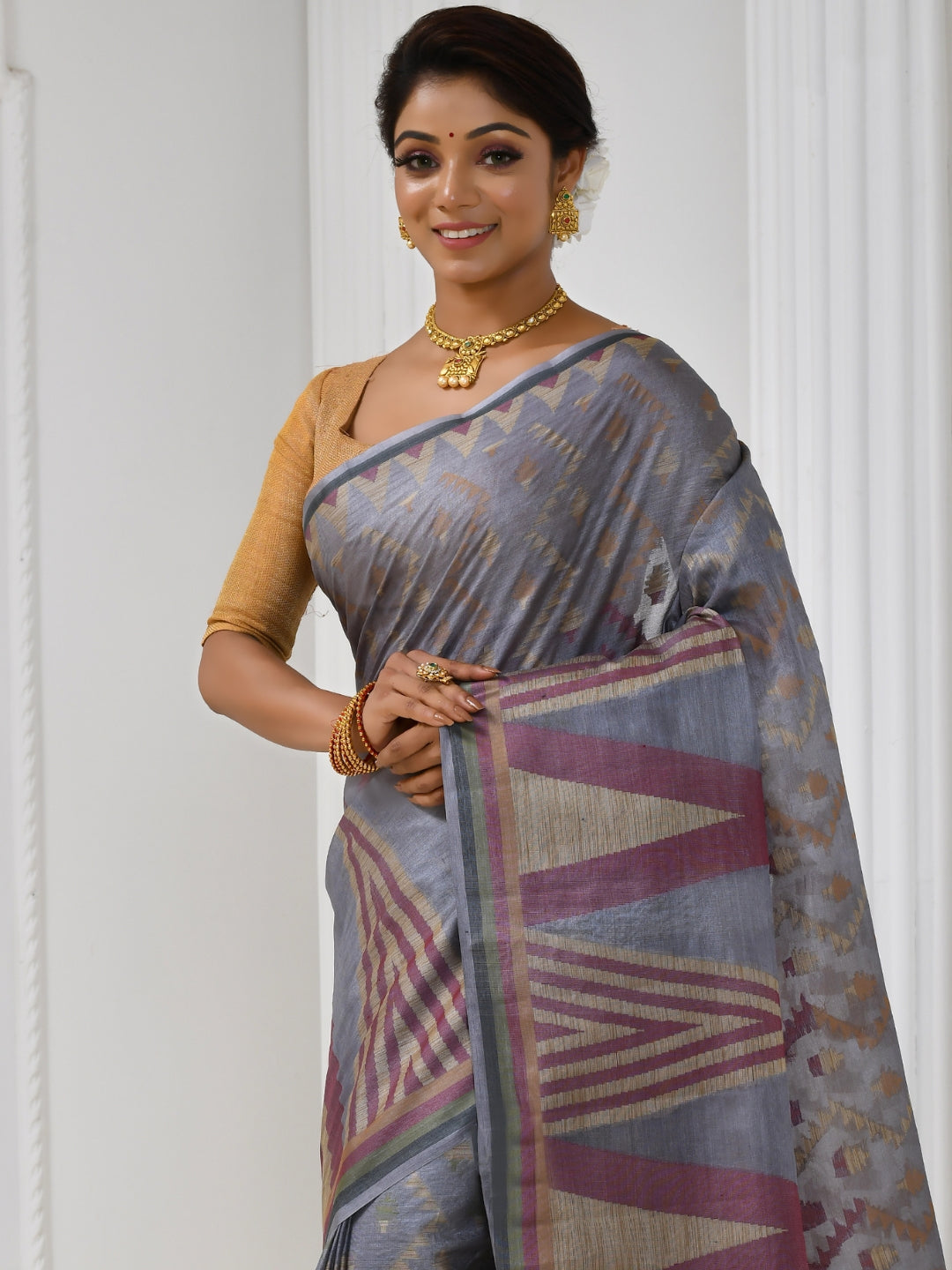 Grey Geometric Patterned Chanderi Silk Saree