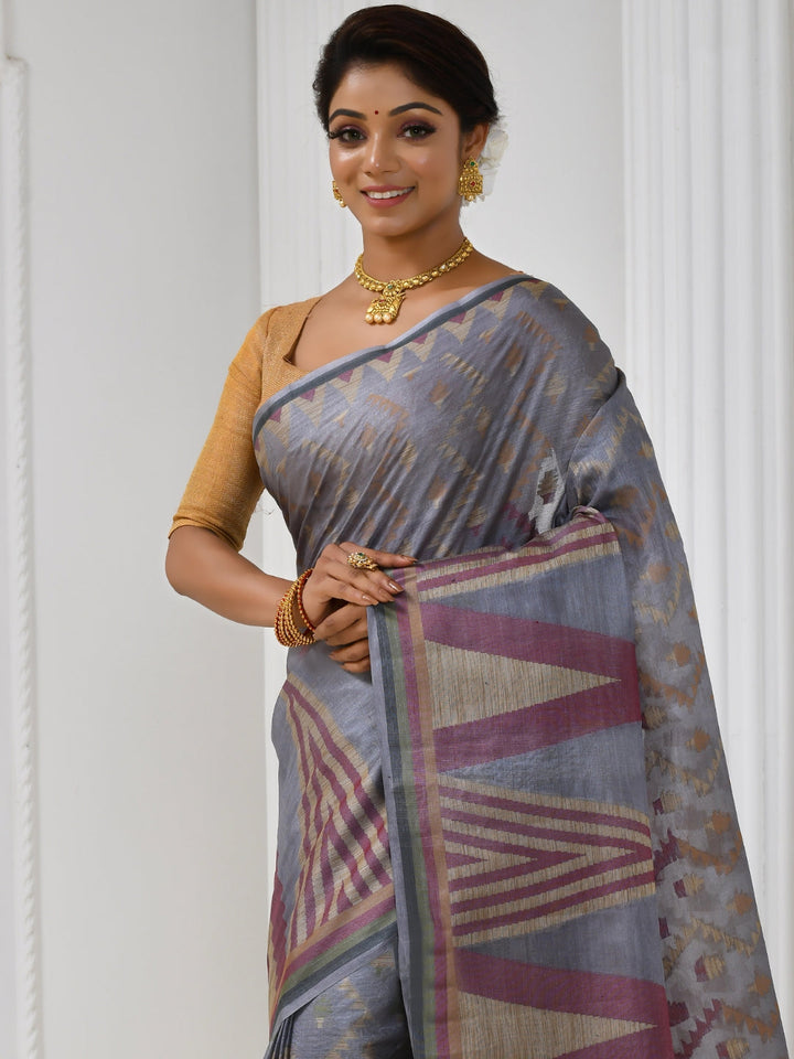 Grey Geometric Patterned Chanderi Silk Saree