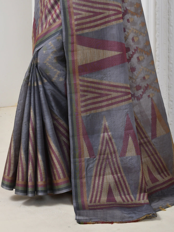 Grey Geometric Patterned Chanderi Silk Saree