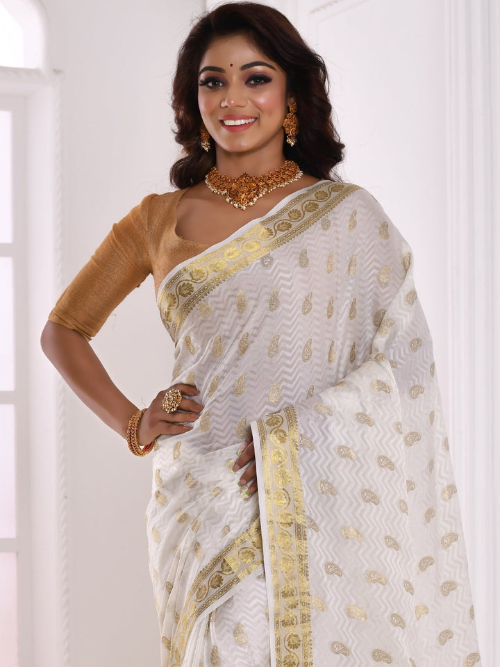 White Banarasi Silk Half Half Patterned Golden Zari Woven Saree