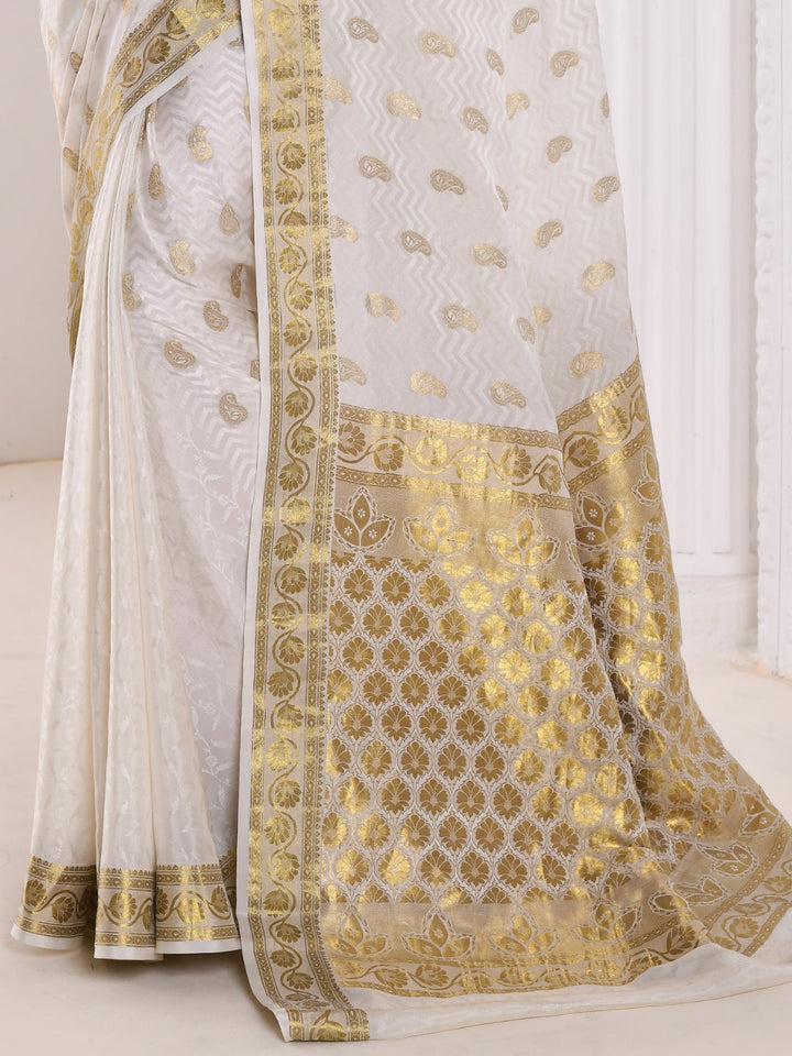 White Banarasi Silk Half Half Patterned Golden Zari Woven Saree
