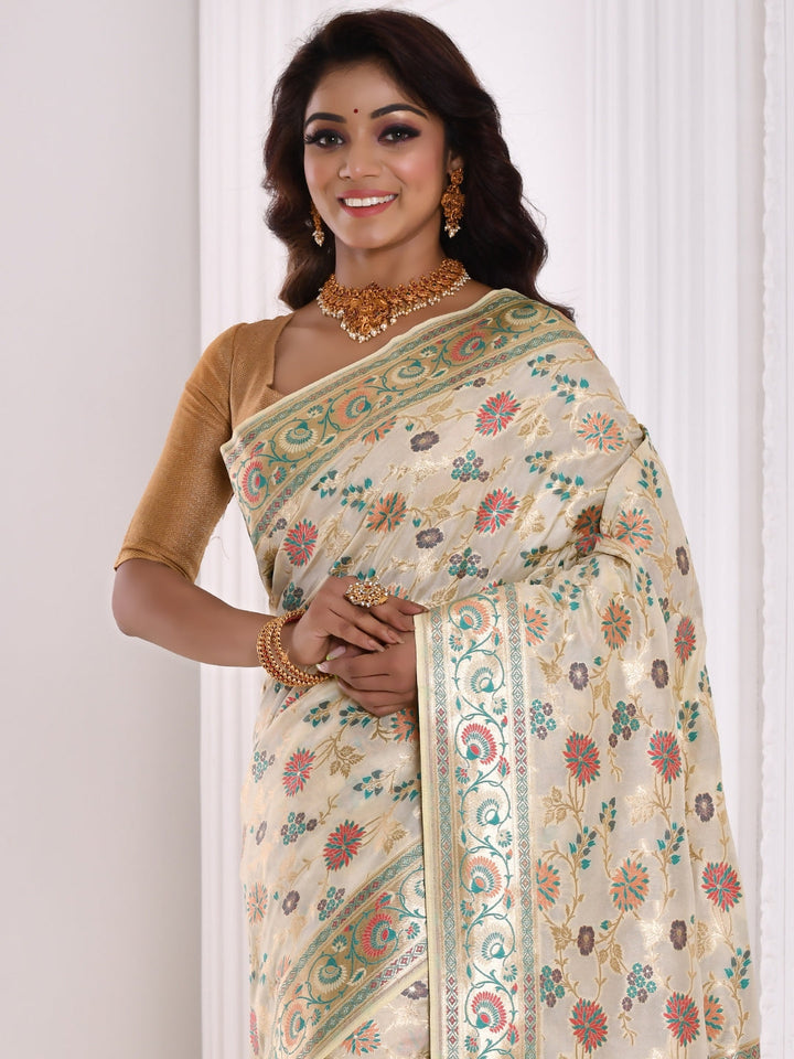 White Multi Color Floral Woven Banarasi Silk Embellished Saree