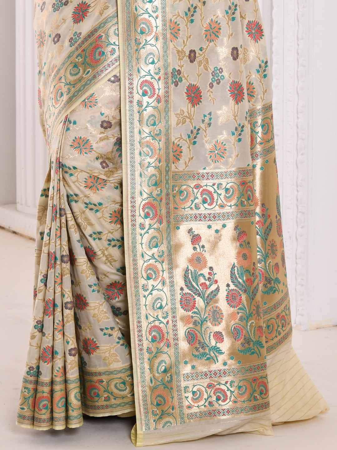 White Multi Color Floral Woven Banarasi Silk Embellished Saree