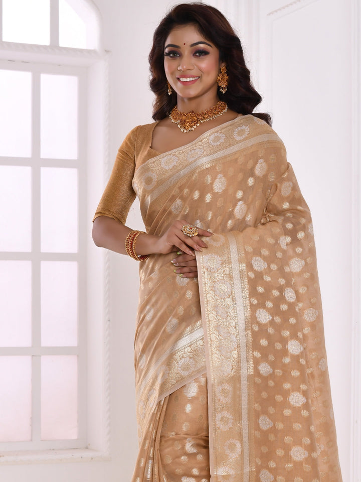 Cream Silver Zari Embroidered Traditional Chanderi Saree