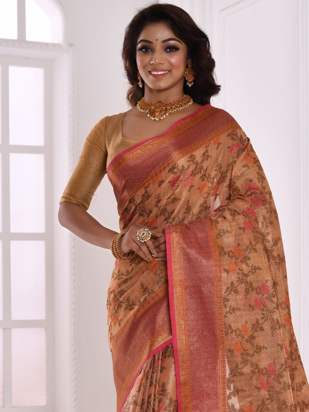 Golden Floral Banarasi Brocade Khaadi Chanderi Saree