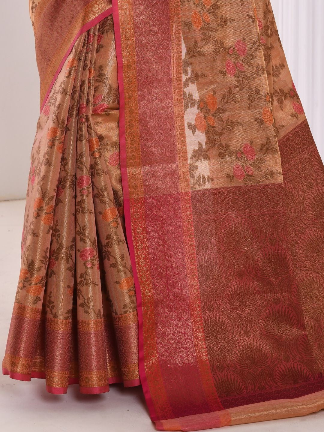 Golden Floral Banarasi Brocade Khaadi Chanderi Saree