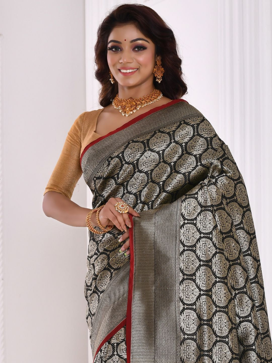 Black Brocade Silver Zari Woven Embroidered Saree