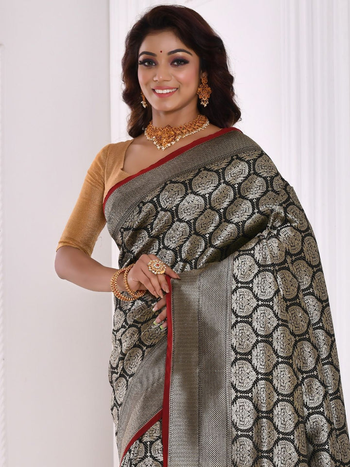 Black Brocade Silver Zari Woven Embroidered Saree