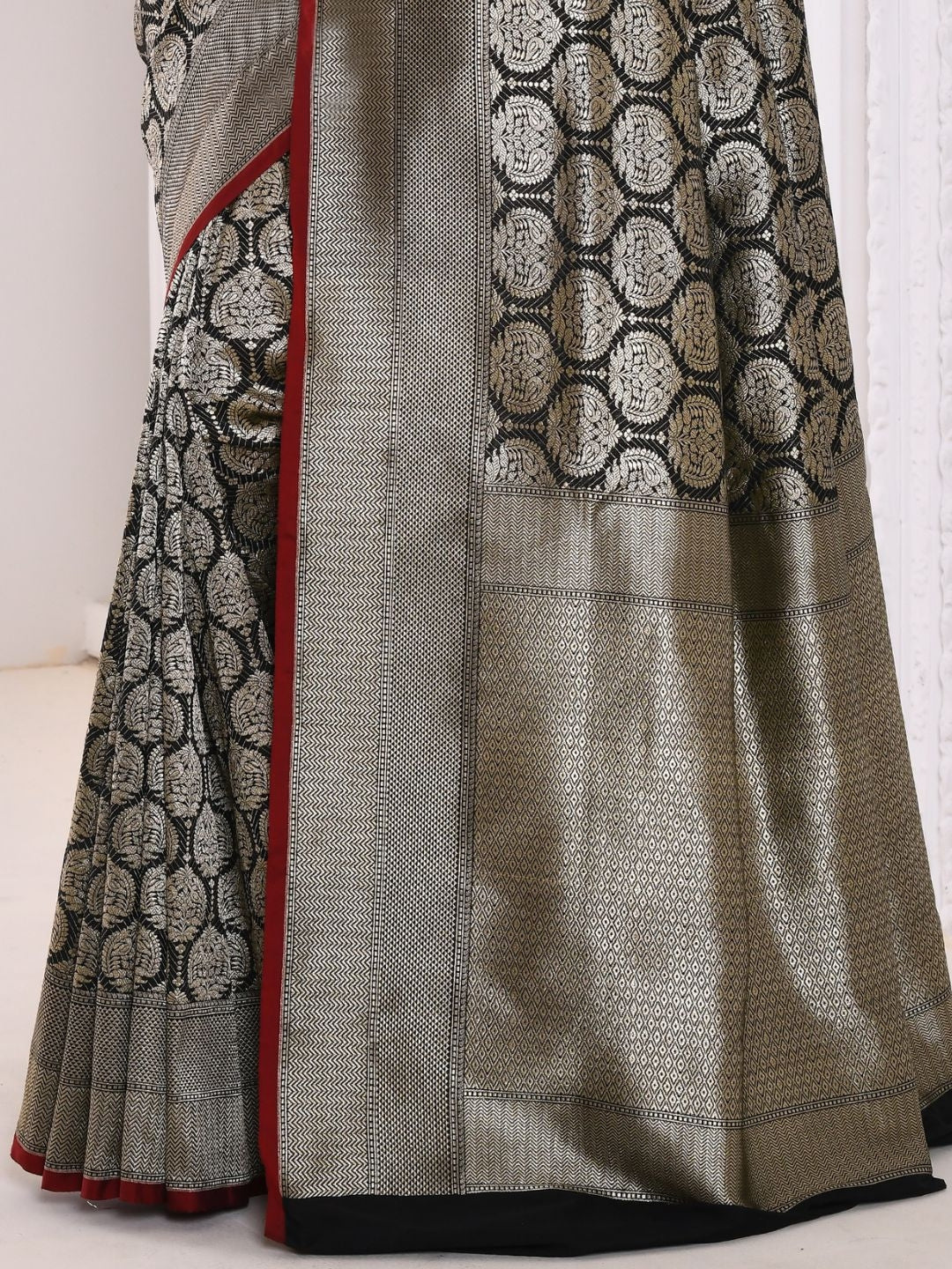 Black Brocade Silver Zari Woven Embroidered Saree