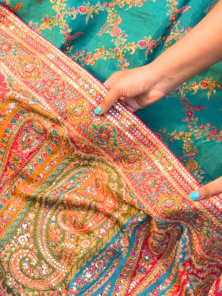 Teal Multicolor Thread Embroidered Paisley Saree with Mirror Work Border