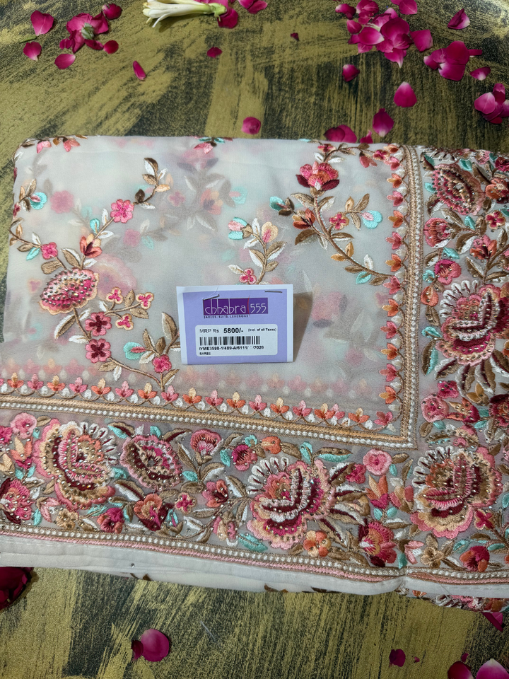 Floral Embroidered Georgette Saree in White