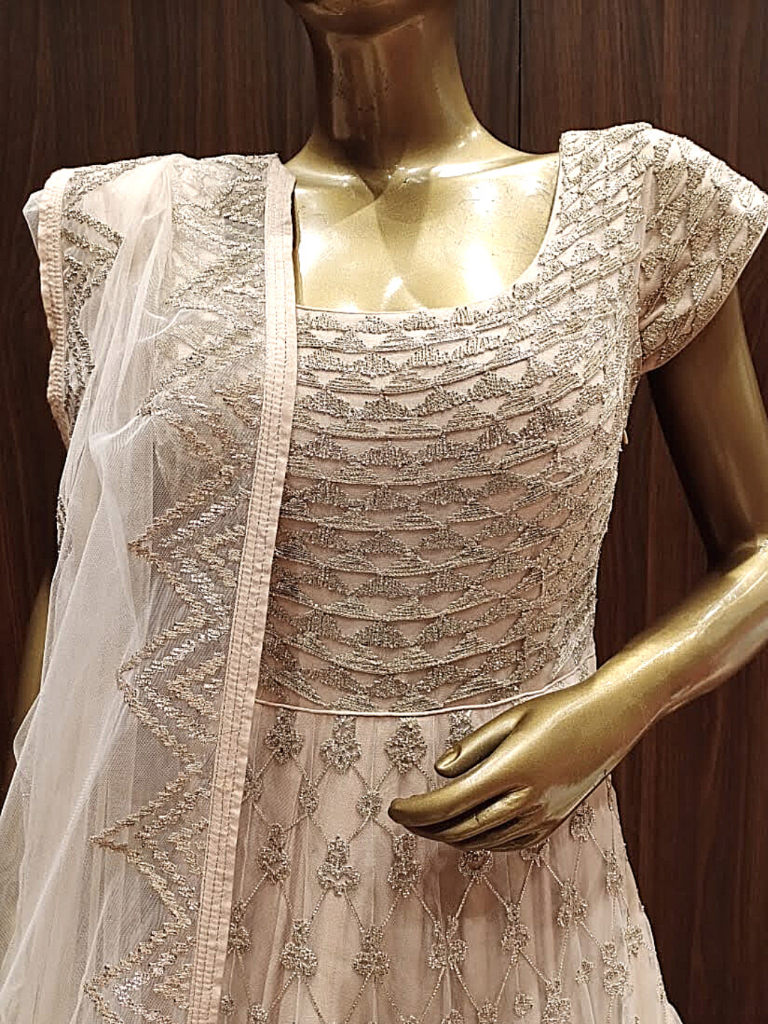 Beige Net Anarkali With Heavy Embroidery And Dupatta