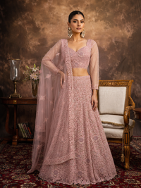 Dusty Pink Net Lehenga Choli with Heavy Resham, Cutdana & Pearl Embroidery with Sequin Striped Sleeves & Net Dupatta