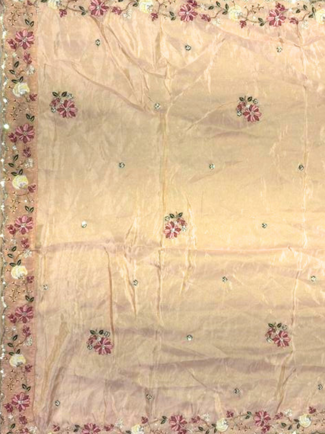 Sequin & Floral Embroidered Unstitched Lehenga with Blouse Fabric in Beige Peach