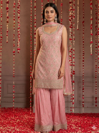 Sequinned Resham Embroidered Georgette Kurta with Sharara and Dupatta with Geometric Jaal Pattern