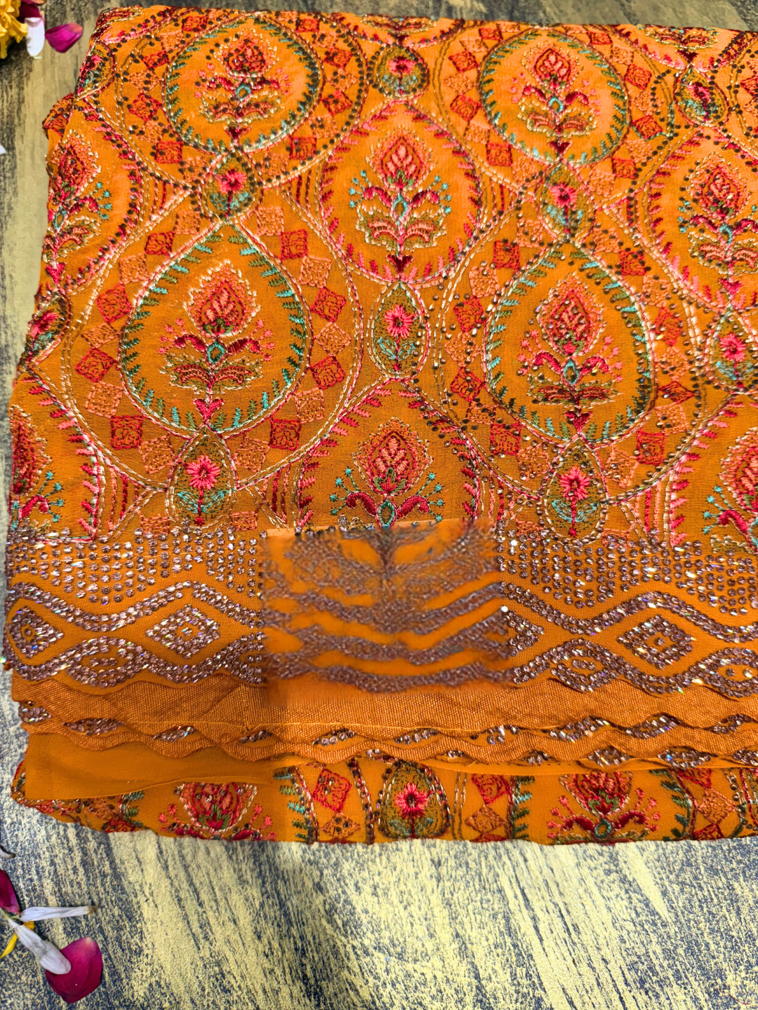 Mustard Multicolor Embroidered Paisley Saree with Scalloped Border