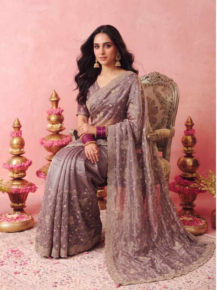 Tissue Organza Saree with Zari Floral Vine Embroidery & Scalloped Cutwork Border
